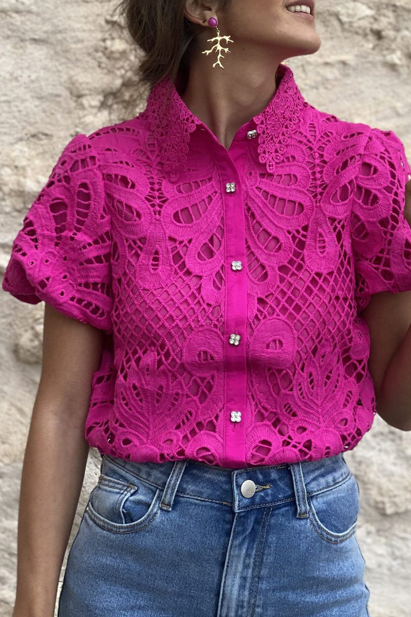 GR | Casual Solid Color Lace Hollowed-Out Turn-Down Collar Tops
