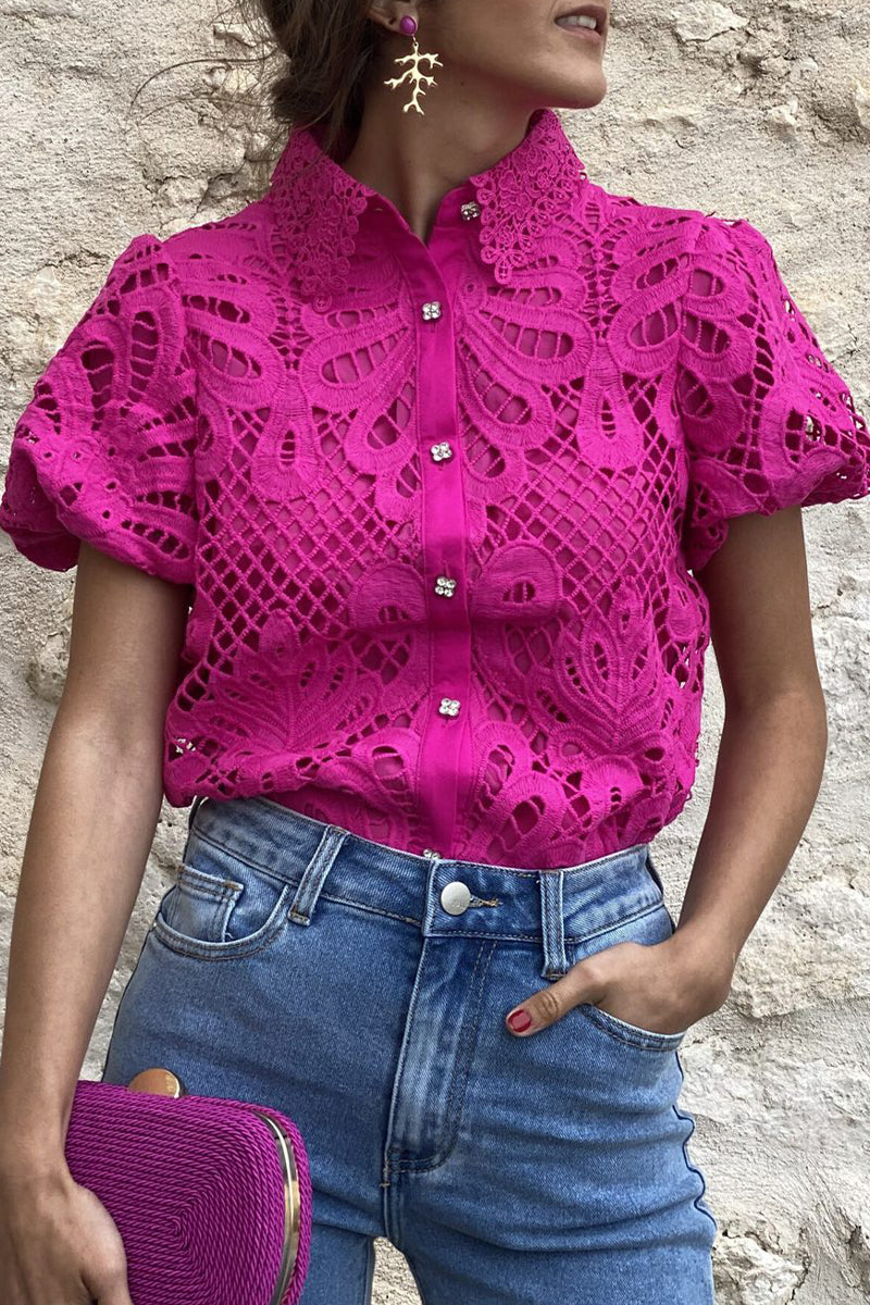GR | Casual Solid Color Lace Hollowed-Out Turn-Down Collar Tops