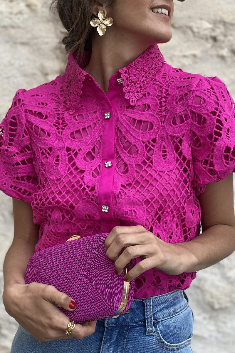 GR | Casual Solid Color Lace Hollowed-Out Turn-Down Collar Tops