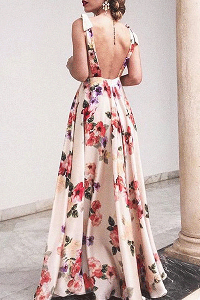 GR | Elegant floral backless V-neck printed dress