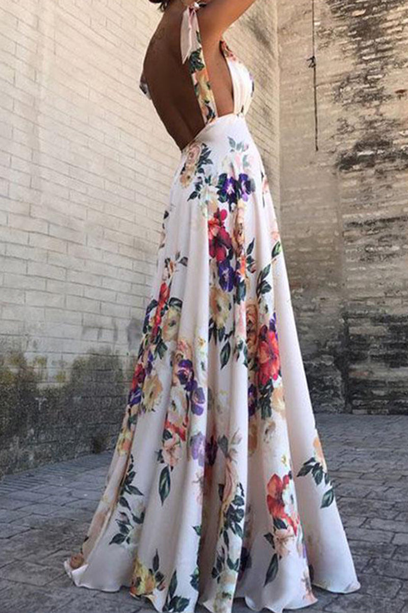 GR | Elegant floral backless V-neck printed dress