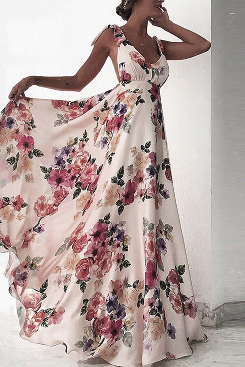 GR | Elegant floral backless V-neck printed dress