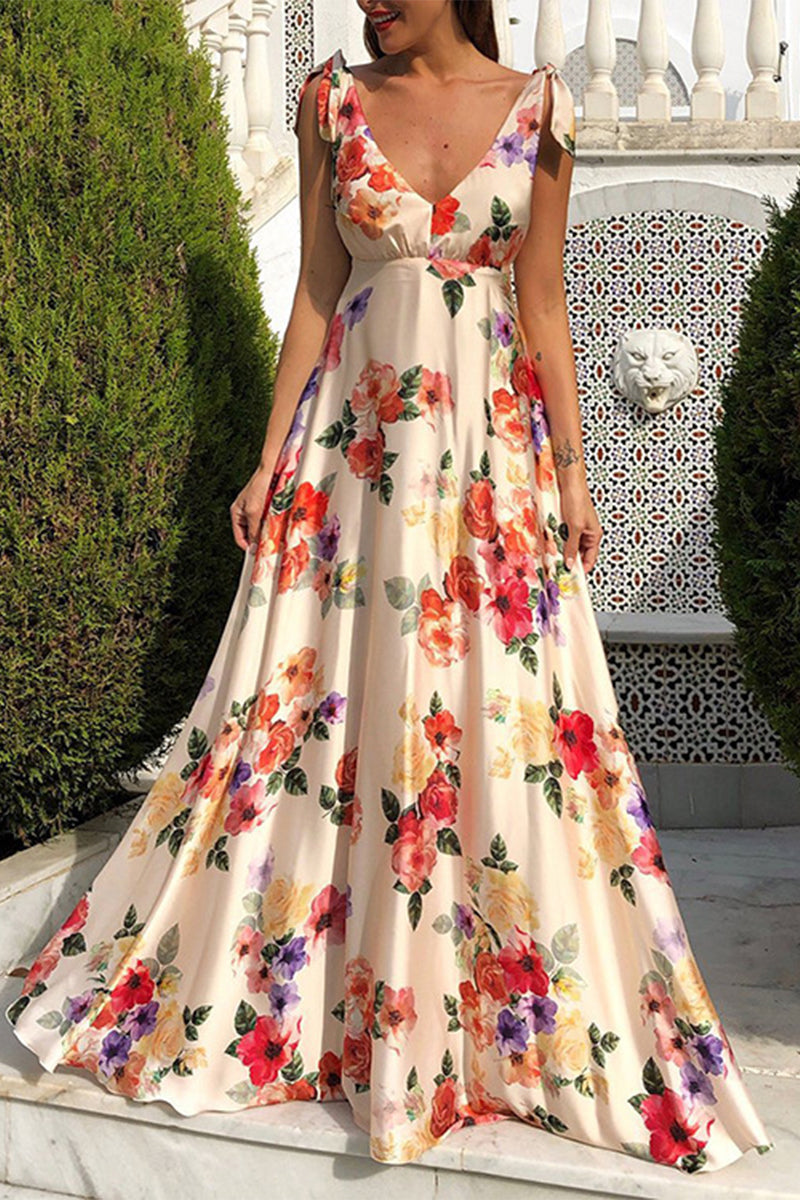 GR | Elegant floral backless V-neck printed dress
