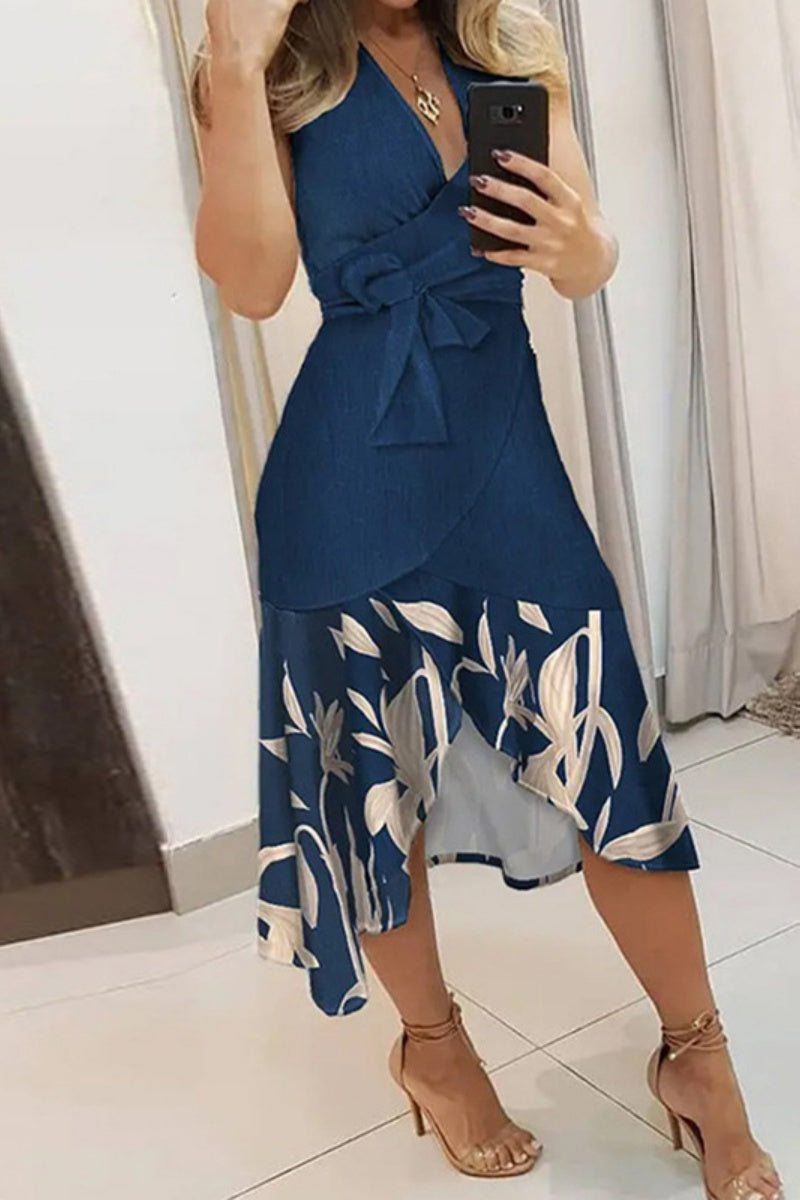 GR | Lässiges Print Patchwork Frenulum V-Ausschnitt Ärmelloses Kleid Kleider