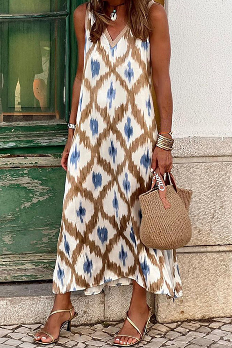 GR | Leisure Geometric Print Patchwork V-Neck Slip Dresses