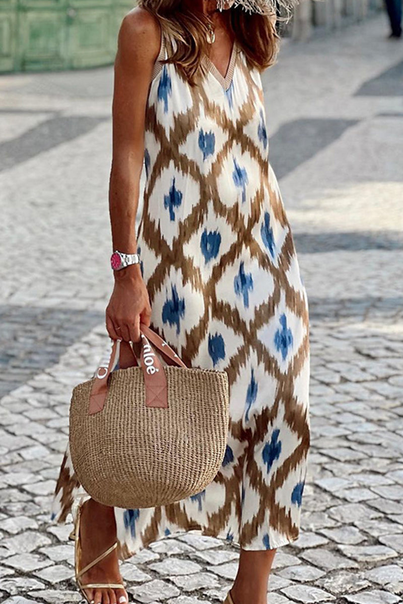 GR | Leisure Geometric Print Patchwork V-Neck Slip Dresses
