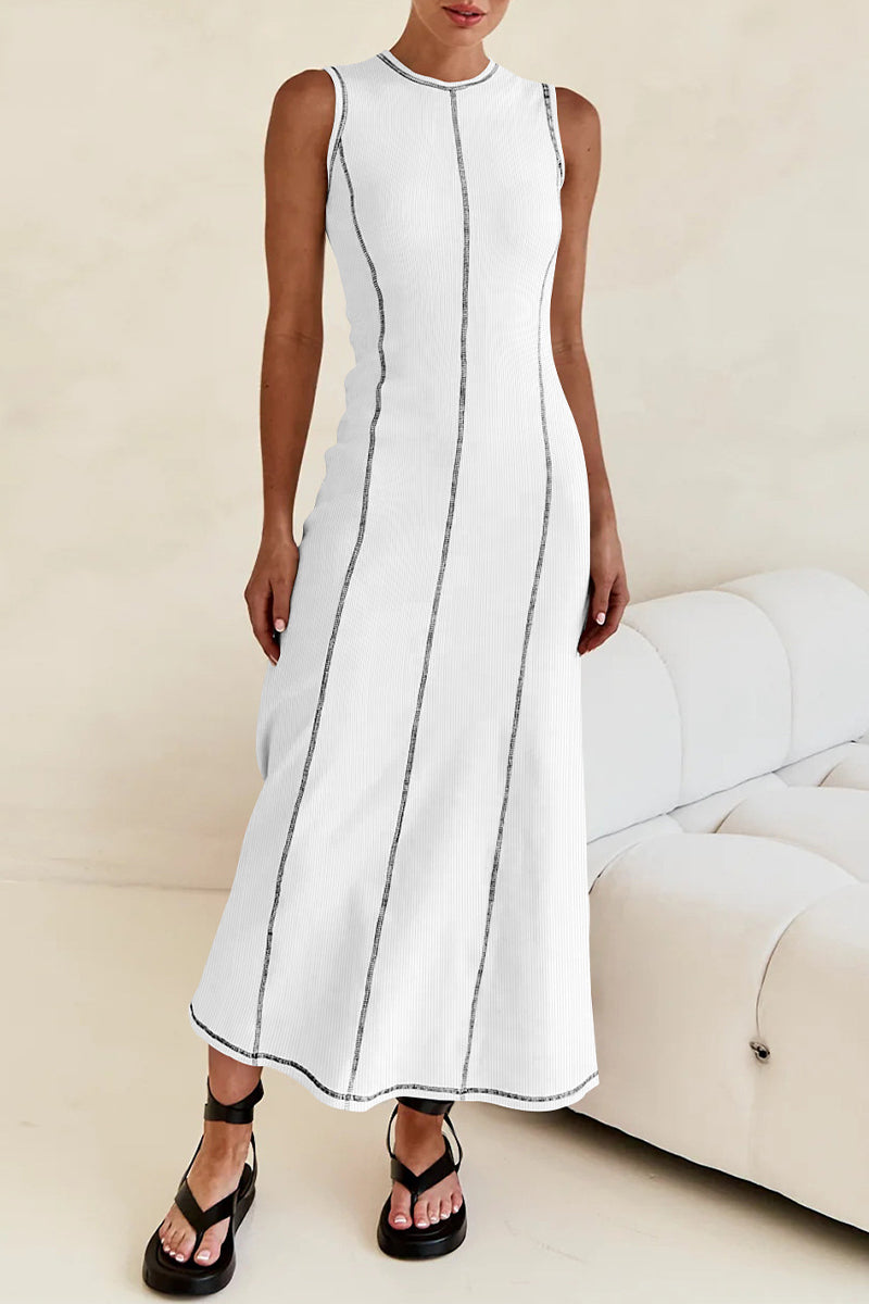 GR | Casual striped contrast weave O-neck sleeveless dresses