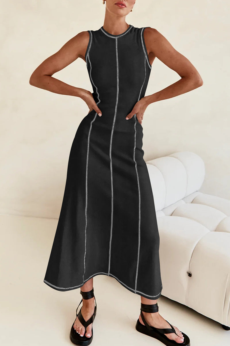 GR | Casual striped contrast weave O-neck sleeveless dresses