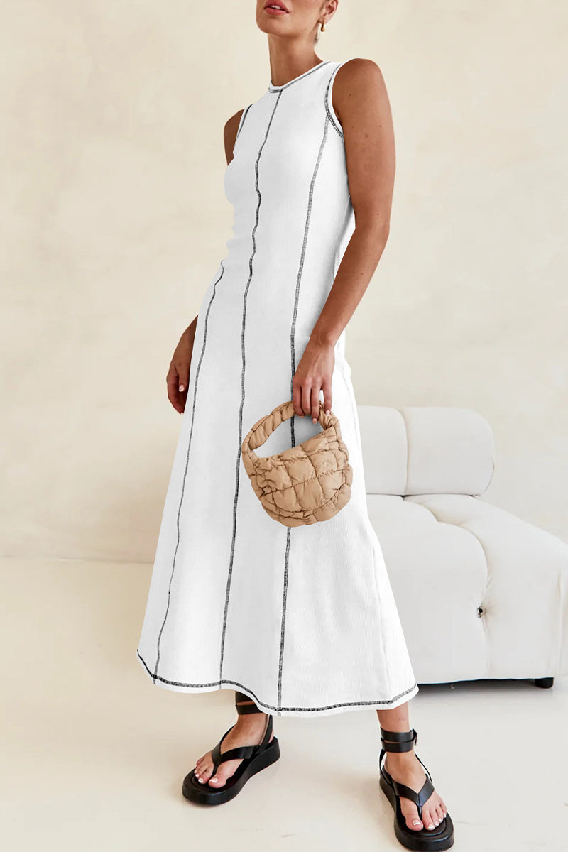 GR | Casual striped contrast weave O-neck sleeveless dresses