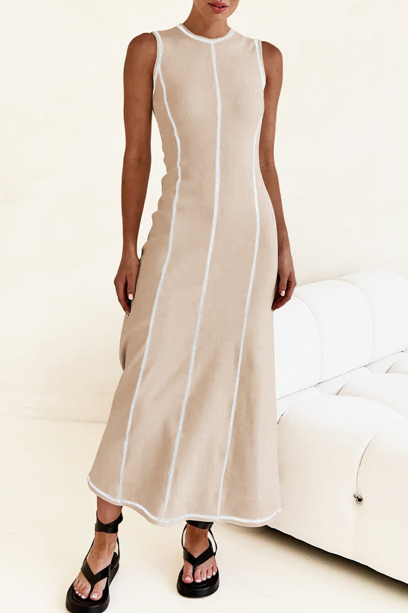 GR | Casual striped contrast weave O-neck sleeveless dresses