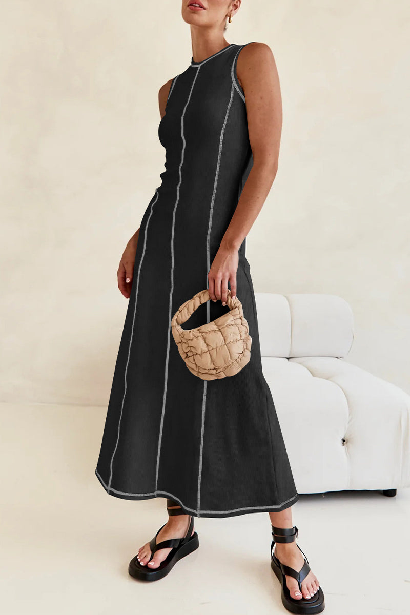 GR | Casual striped contrast weave O-neck sleeveless dresses