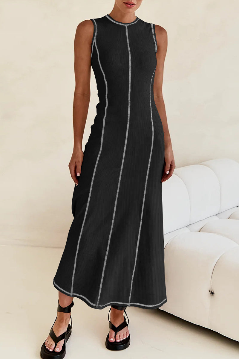 GR | Casual striped contrast weave O-neck sleeveless dresses