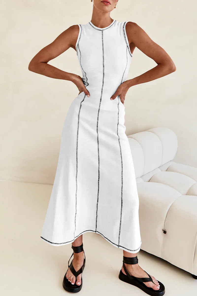 GR | Casual striped contrast weave O-neck sleeveless dresses
