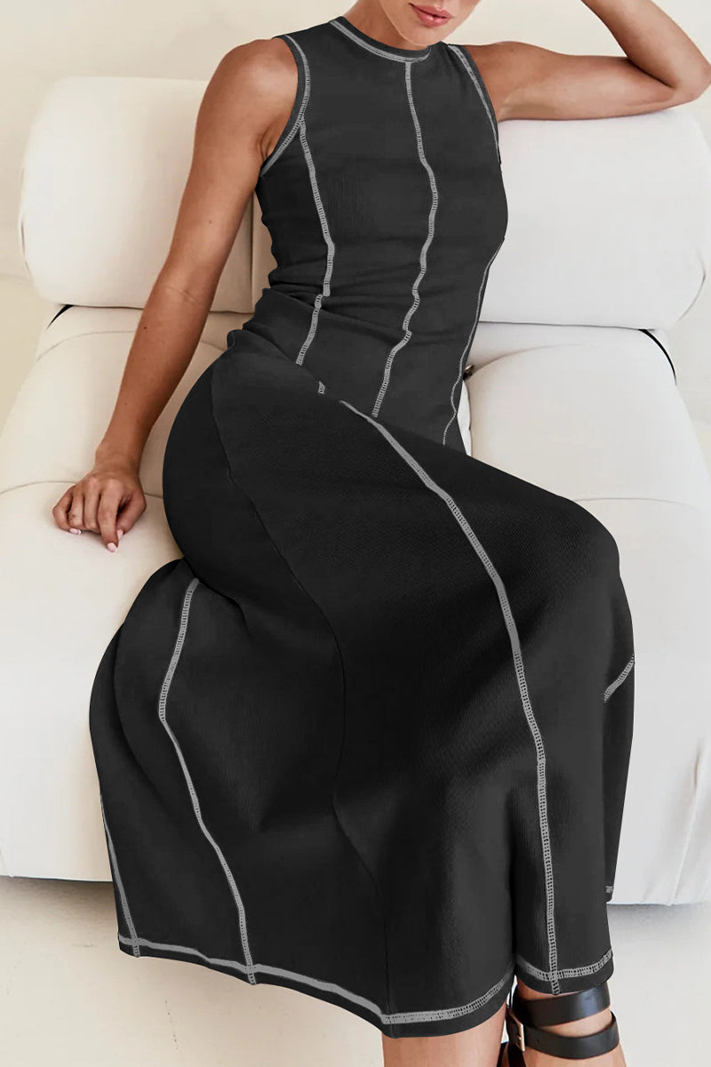 GR | Casual striped contrast weave O-neck sleeveless dresses