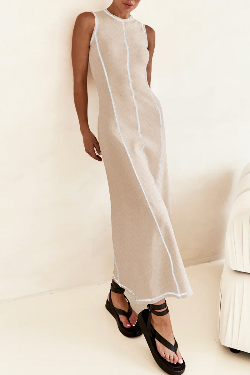 GR | Casual striped contrast weave O-neck sleeveless dresses