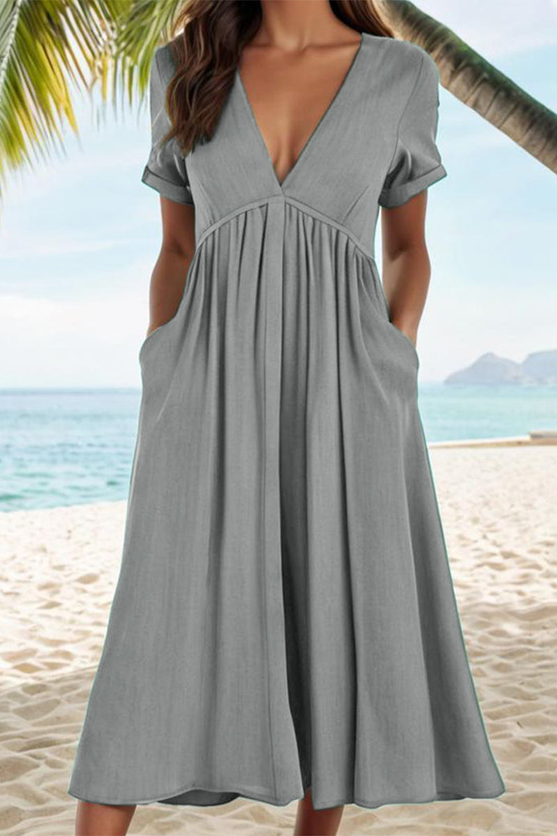 GR | Casual Solid Color Pockets Pleated V-Neck A-Line Dresses