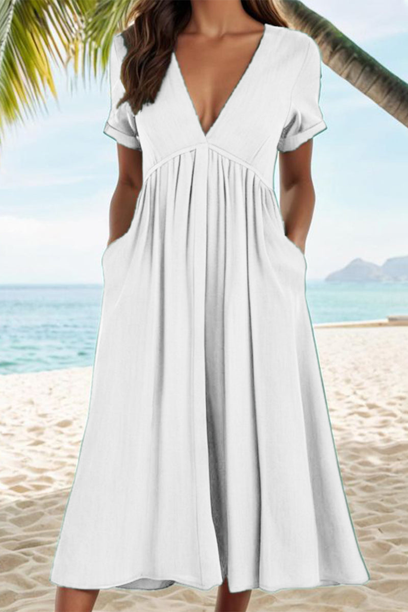 GR | Casual Solid Color Pockets Pleated V-Neck A-Line Dresses