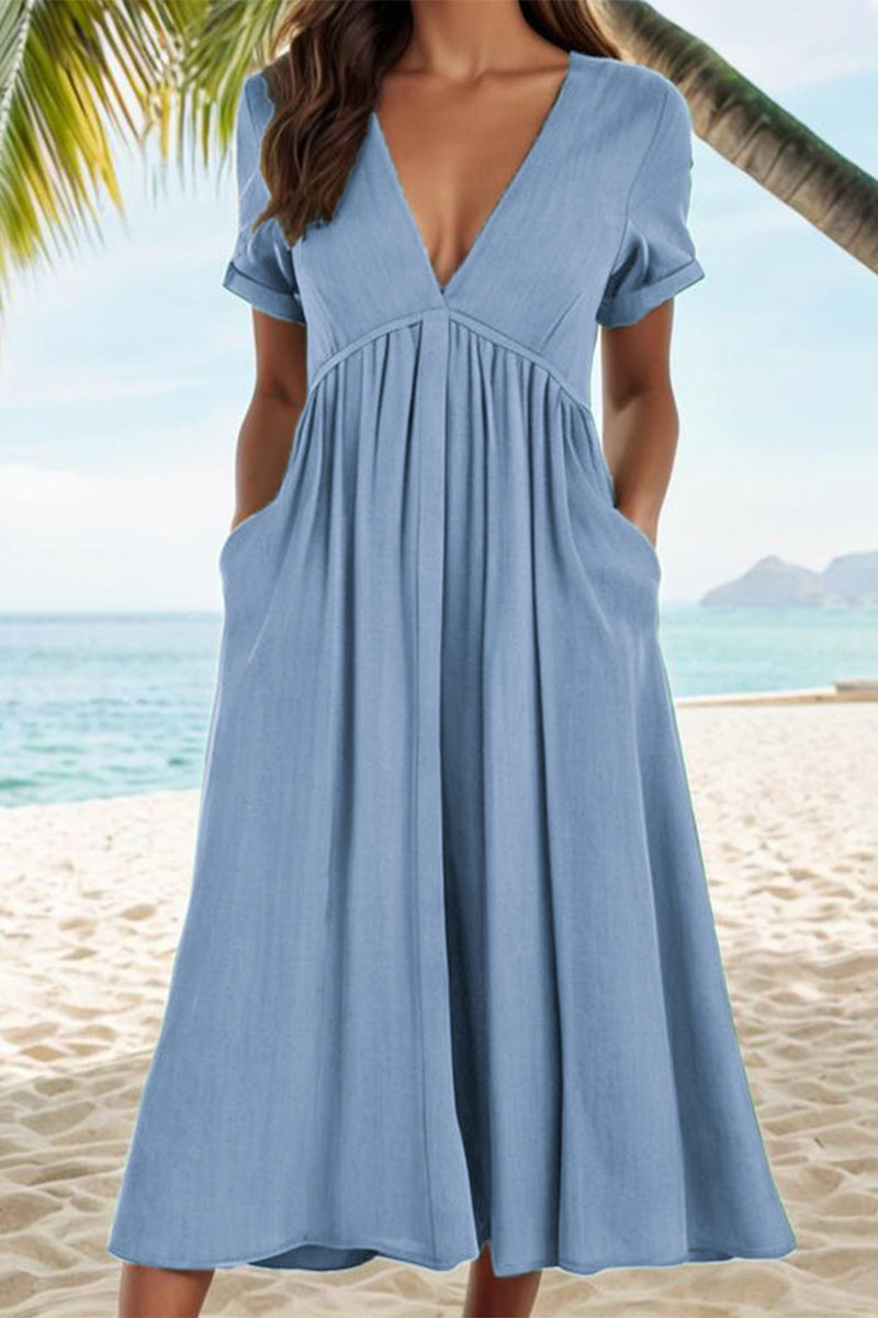 GR | Casual Solid Color Pockets Pleated V-Neck A-Line Dresses
