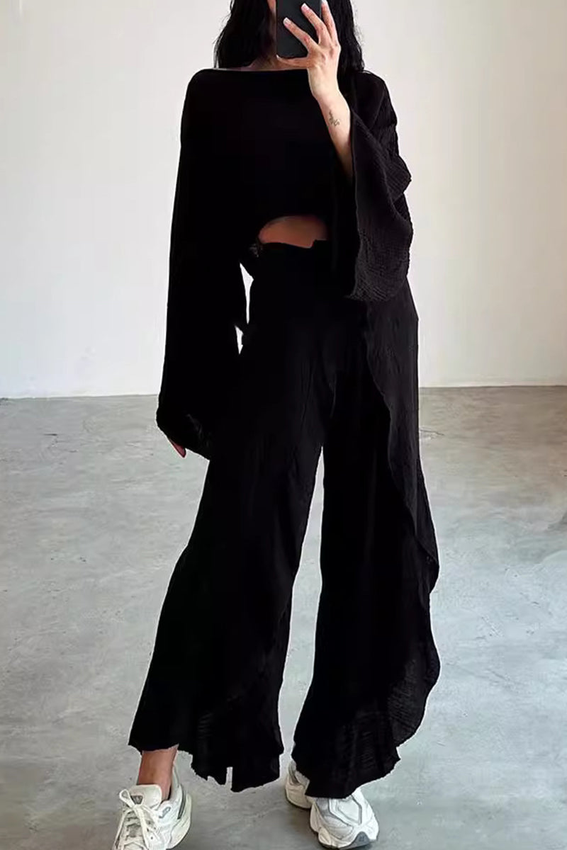 GR | Casual Solid Frenulum Flounce Slit O-Neck Long Sleeve Two-Piece