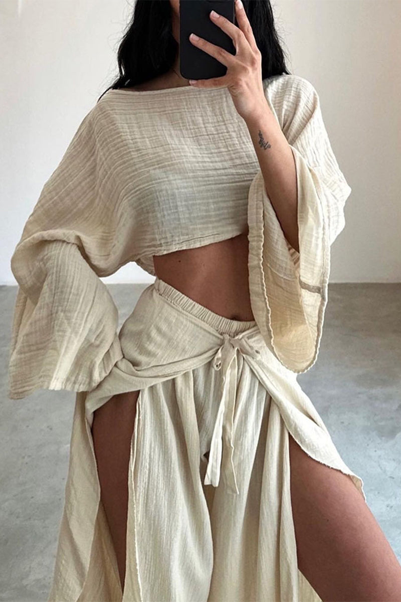 GR | Casual Solid Frenulum Flounce Slit O-Neck Long Sleeve Two-Piece