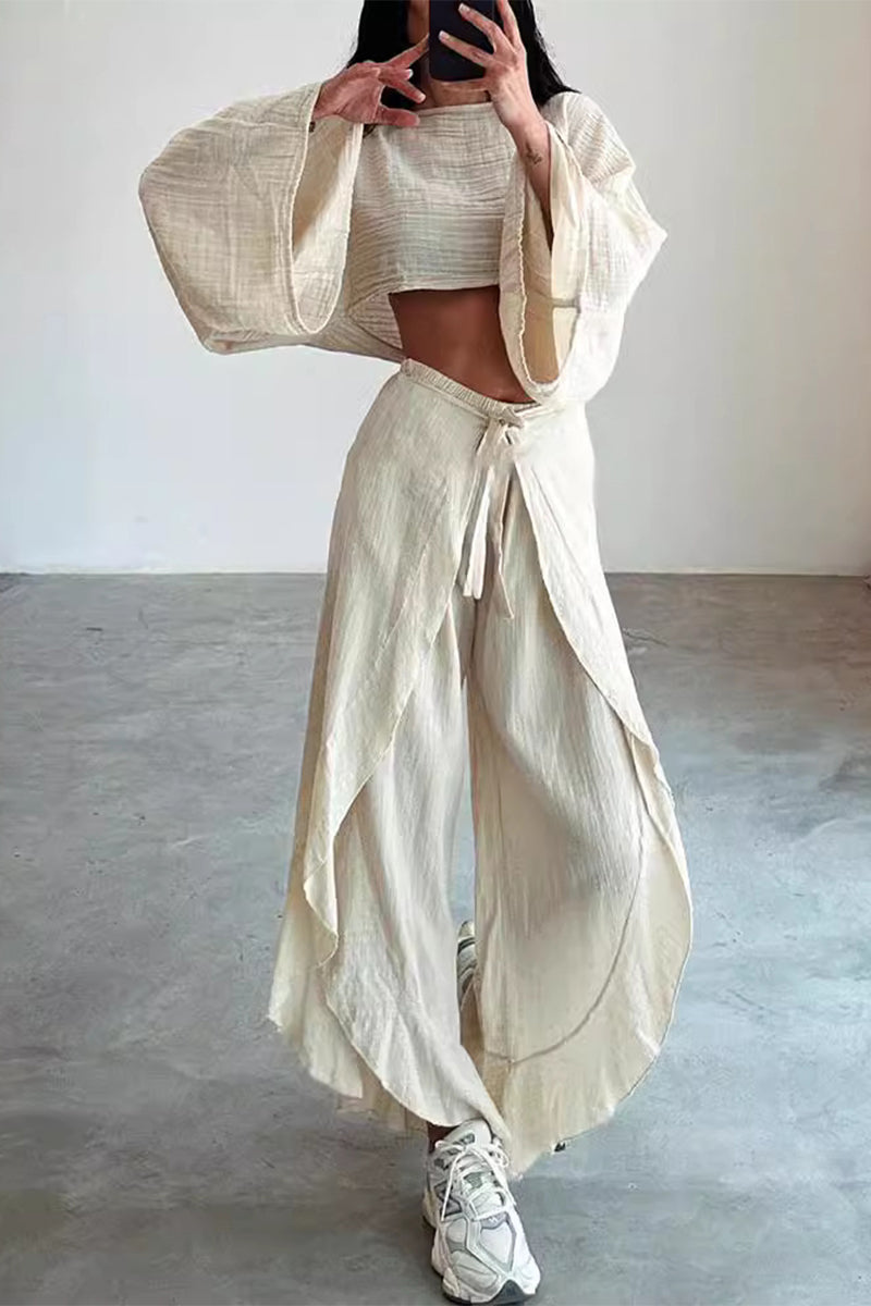 GR | Casual Solid Frenulum Flounce Slit O-Neck Long Sleeve Two-Piece