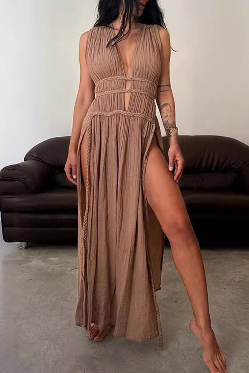 GR | Sexy Bohemian Solid Color Slit V-Neck Beach Dresses