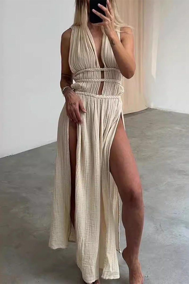 GR | Sexy Bohemian Einfarbige Schlitz V-Ausschnitt Strandkleider