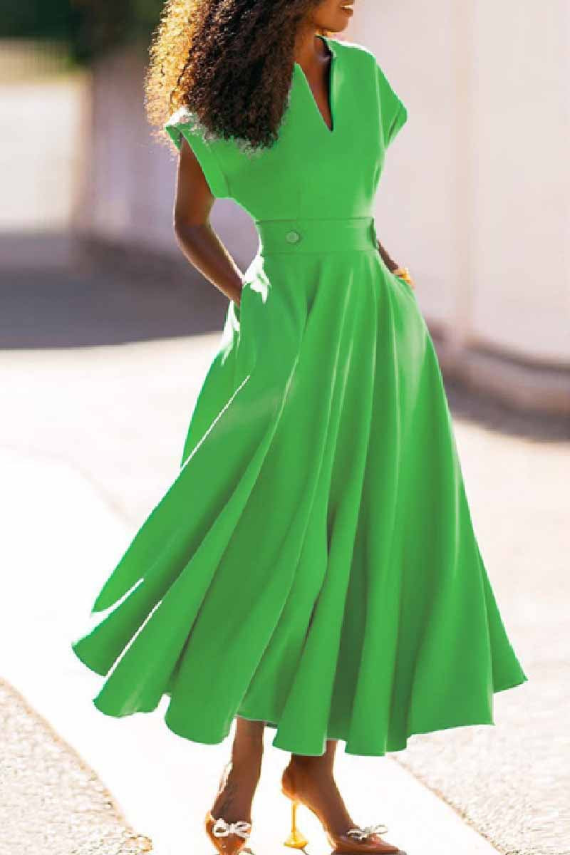 GR | Casual solid color patchwork V-neck short-sleeved dresses