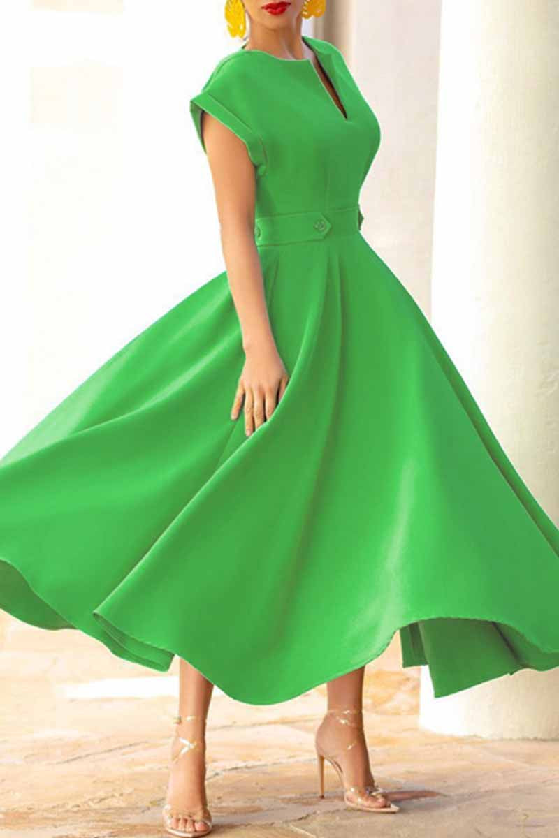 GR | Casual solid color patchwork V-neck short-sleeved dresses