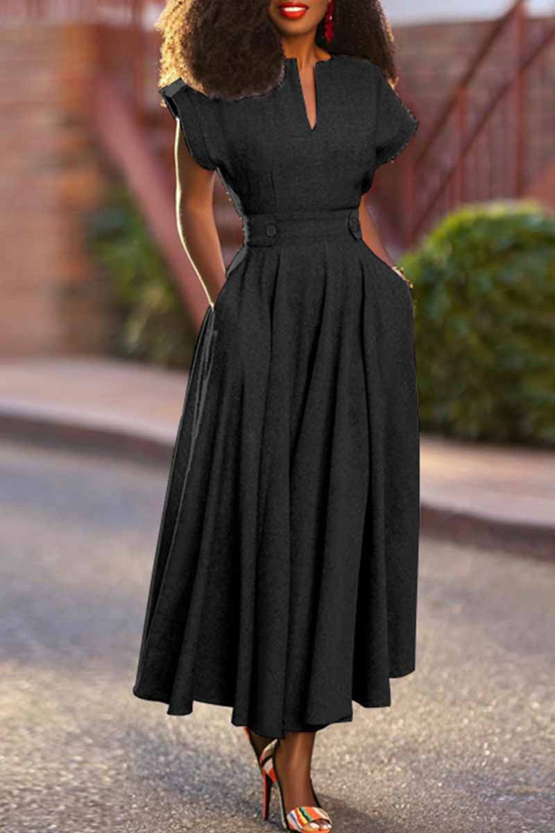 GR | Casual solid color patchwork V-neck short-sleeved dresses