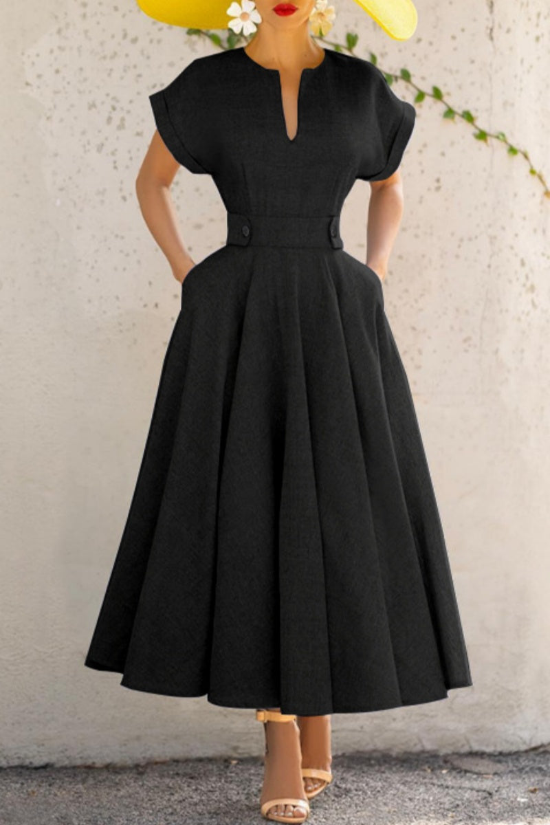 GR | Casual solid color patchwork V-neck short-sleeved dresses