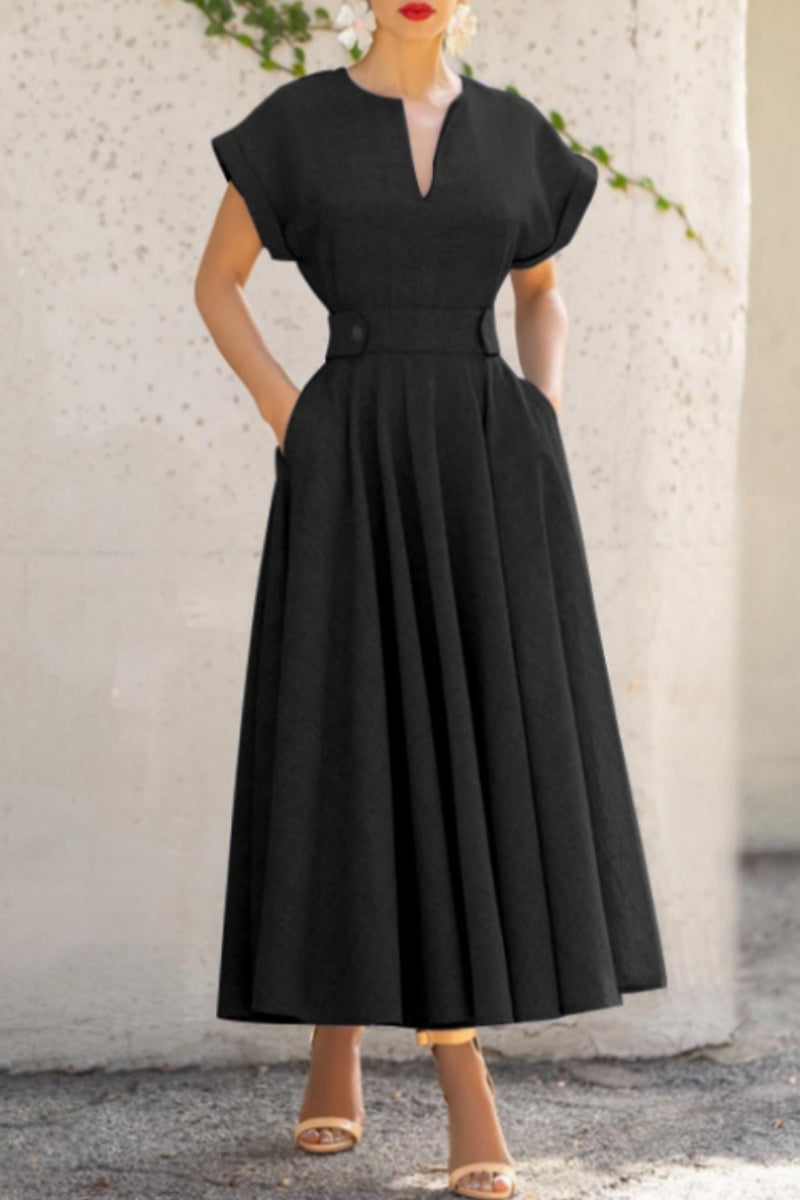 GR | Casual solid color patchwork V-neck short-sleeved dresses