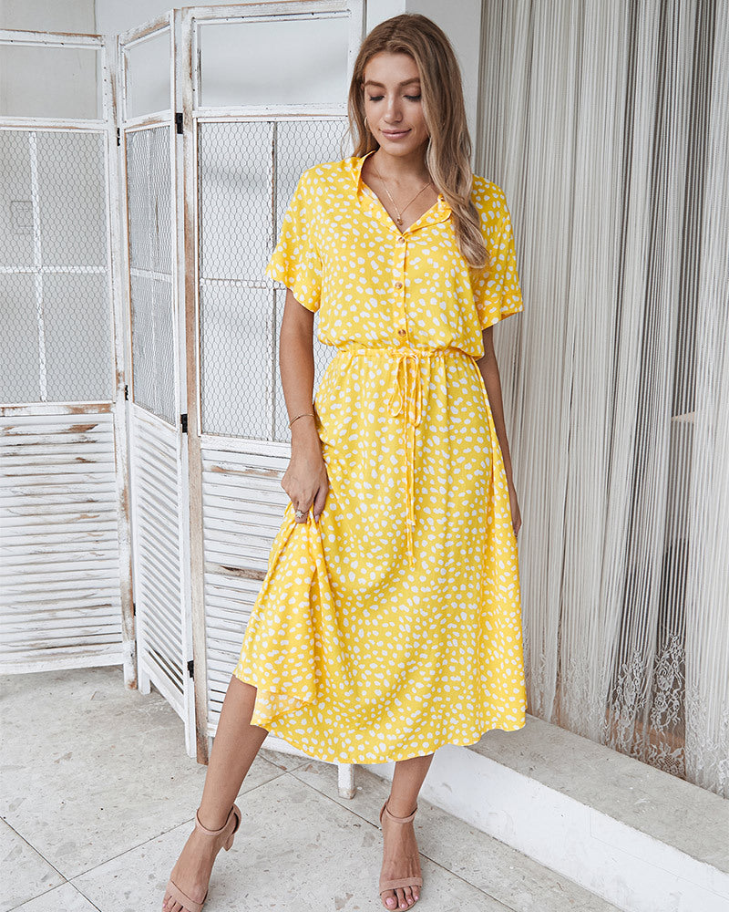GR | Lässiger Polka Dot V-Ausschnitt Kurzarm Midi Kleid