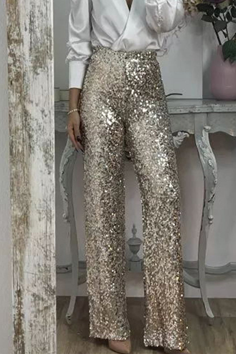 GR | Straight High-Waisted Sequin Trousers for Women 