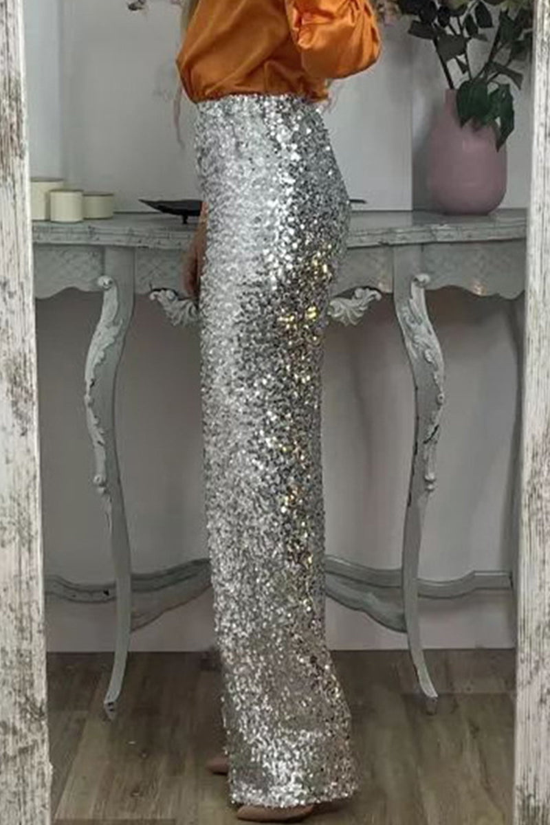 GR | Straight High-Waisted Sequin Trousers for Women 
