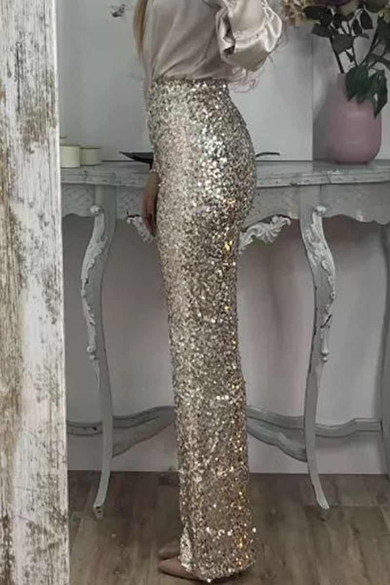 GR | Straight High-Waisted Sequin Trousers for Women 