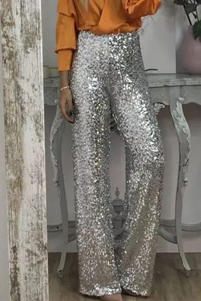 GR | Straight High-Waisted Sequin Trousers for Women 