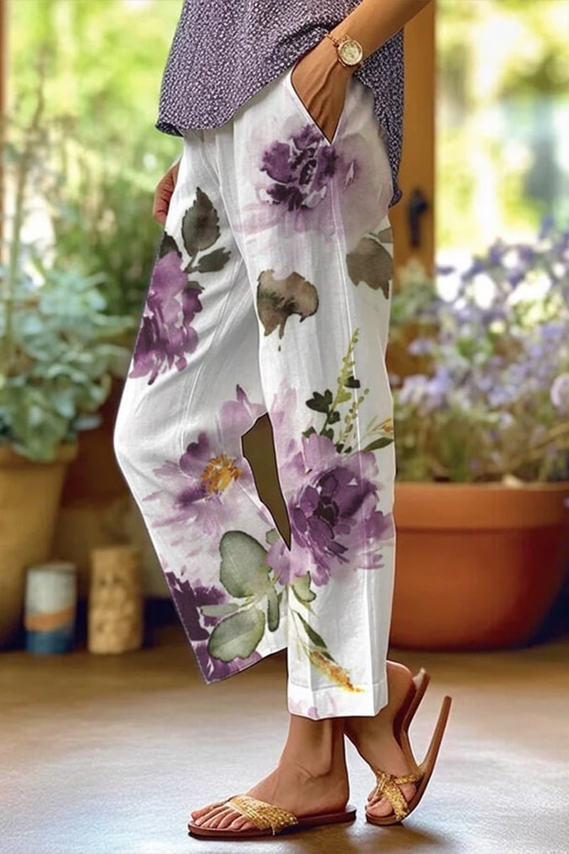 GR | Lässige florale Patchwork lockere Mittel Taille gerade Volldruck Hosen