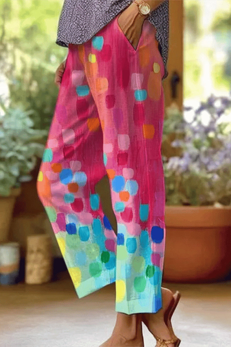 GR | Lässige florale Patchwork lockere Mittel Taille gerade Volldruck Hosen