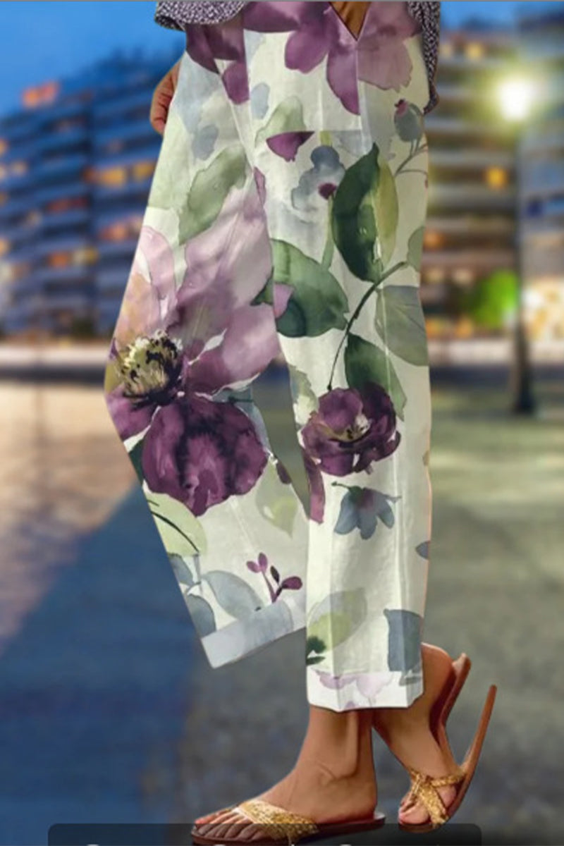 GR | Lässige florale Patchwork lockere Mittel Taille gerade Volldruck Hosen