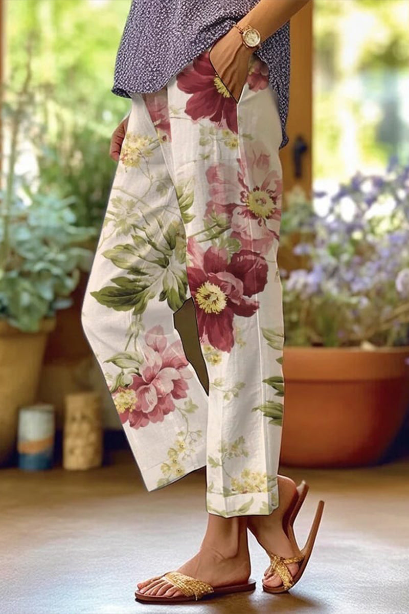 GR | Lässige florale Patchwork lockere Mittel Taille gerade Volldruck Hosen