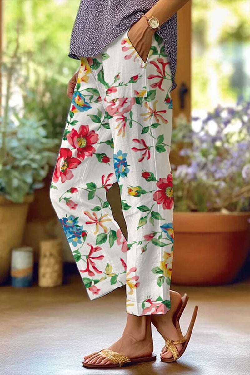 GR | Lässige florale Patchwork lockere Mittel Taille gerade Volldruck Hosen