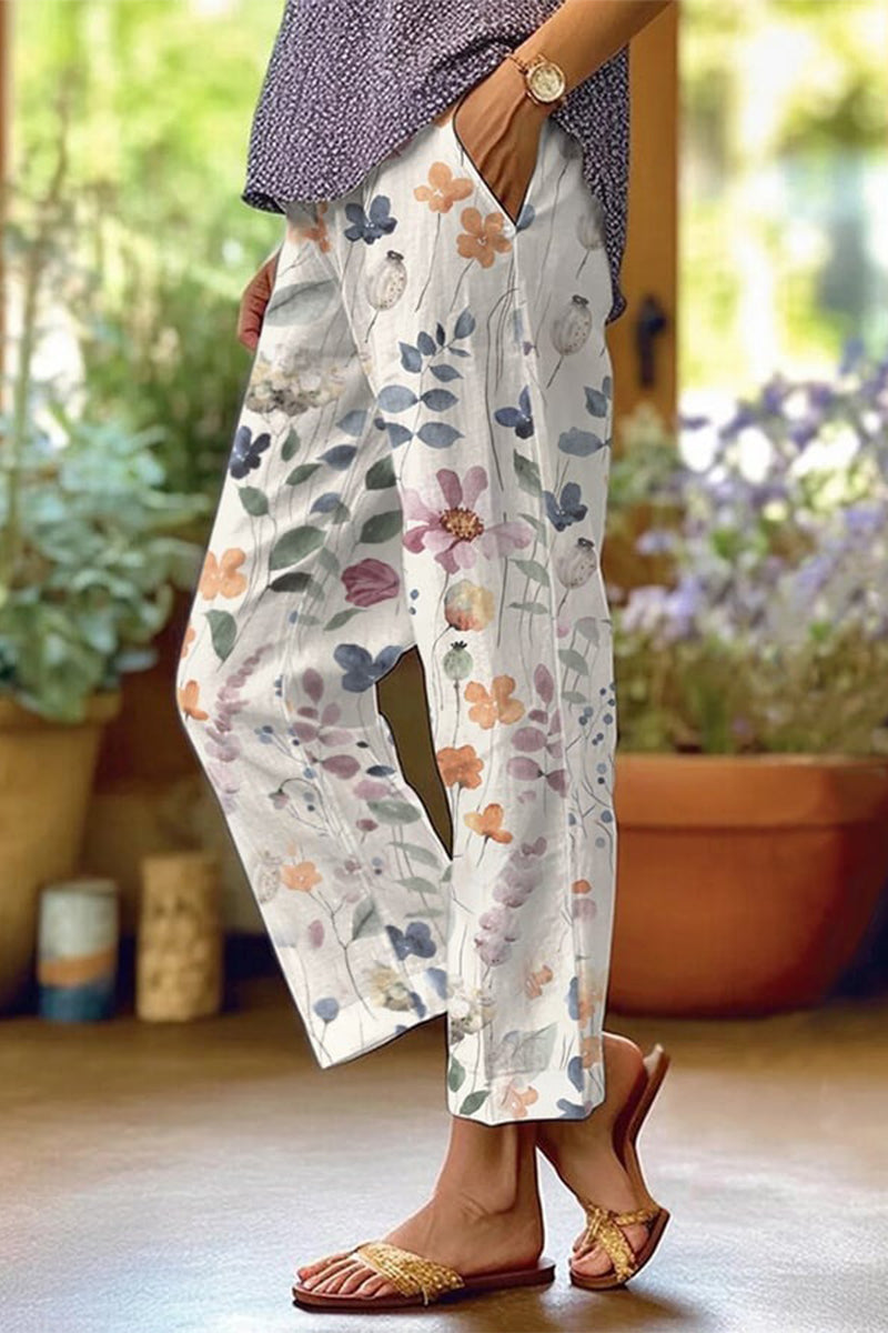 GR | Lässige florale Patchwork lockere Mittel Taille gerade Volldruck Hosen