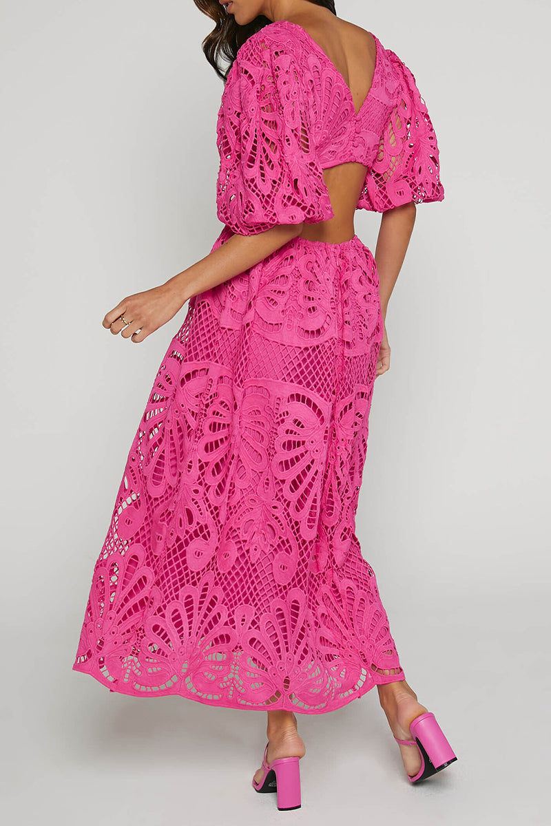 GR | Sexy Solid Color Lace Embroidered Hollow Out V-Neck A-Line Dresses - 4 Colors
