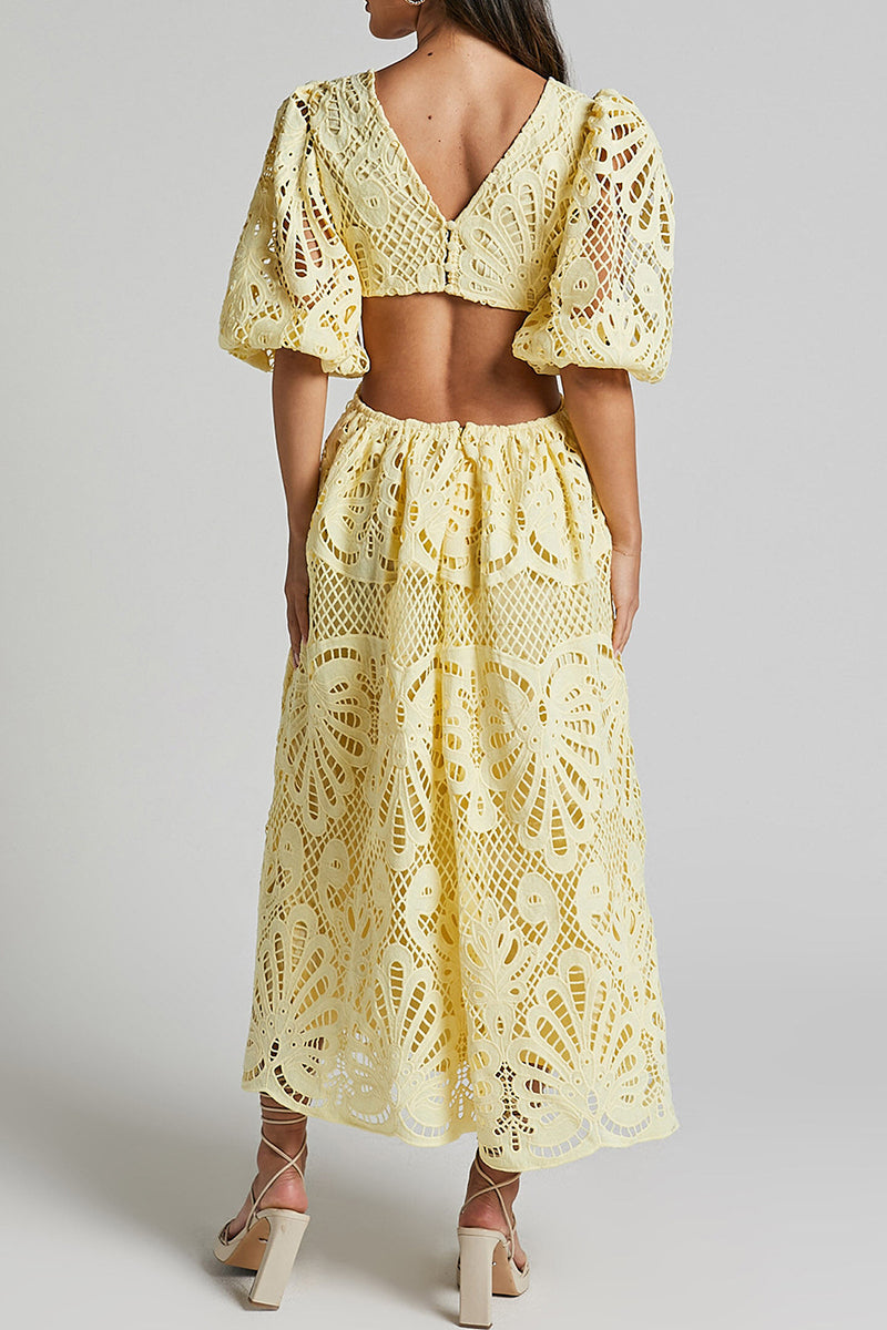 GR | Sexy Solid Color Lace Embroidered Hollow Out V-Neck A-Line Dresses - 4 Colors