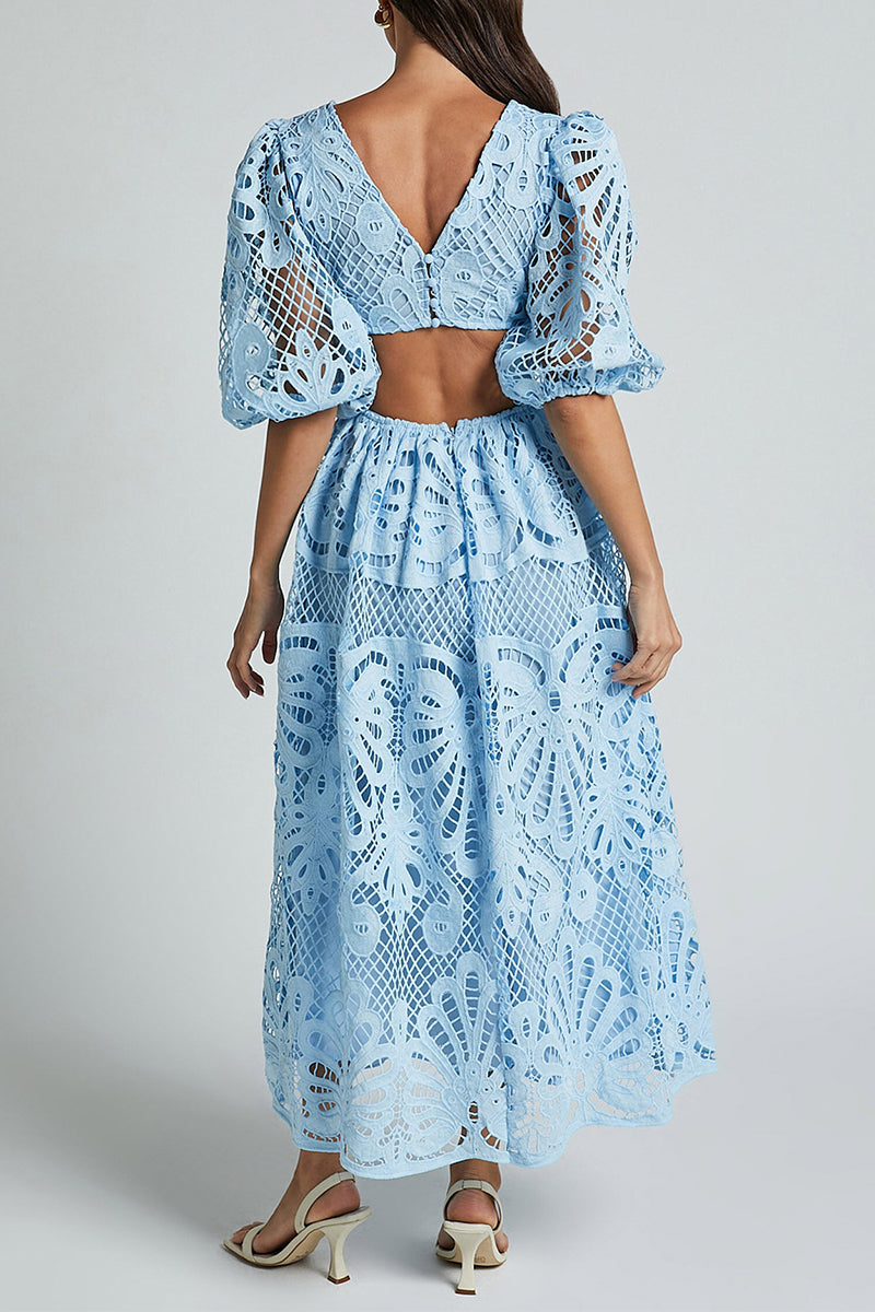 GR | Sexy Solid Color Lace Embroidered Hollow Out V-Neck A-Line Dresses - 4 Colors
