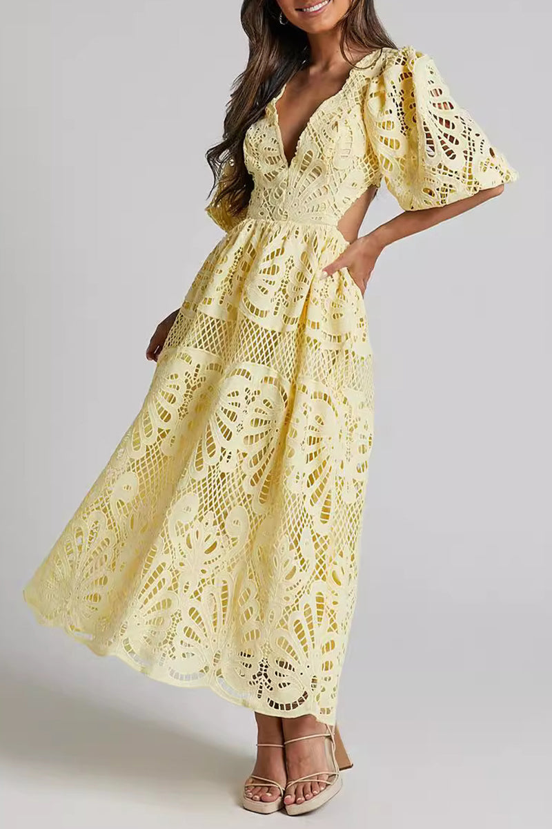 GR | Sexy Solid Color Lace Embroidered Hollow Out V-Neck A-Line Dresses - 4 Colors