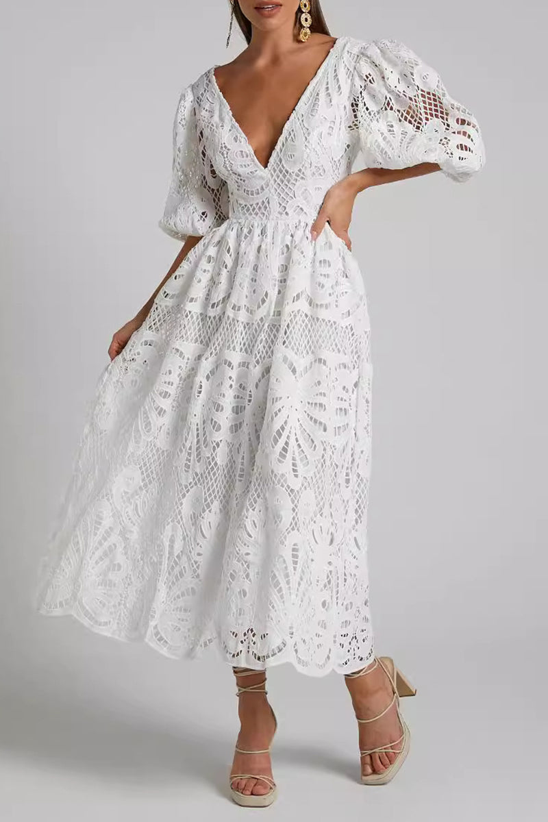 GR | Sexy Solid Color Lace Embroidered Hollow Out V-Neck A-Line Dresses - 4 Colors