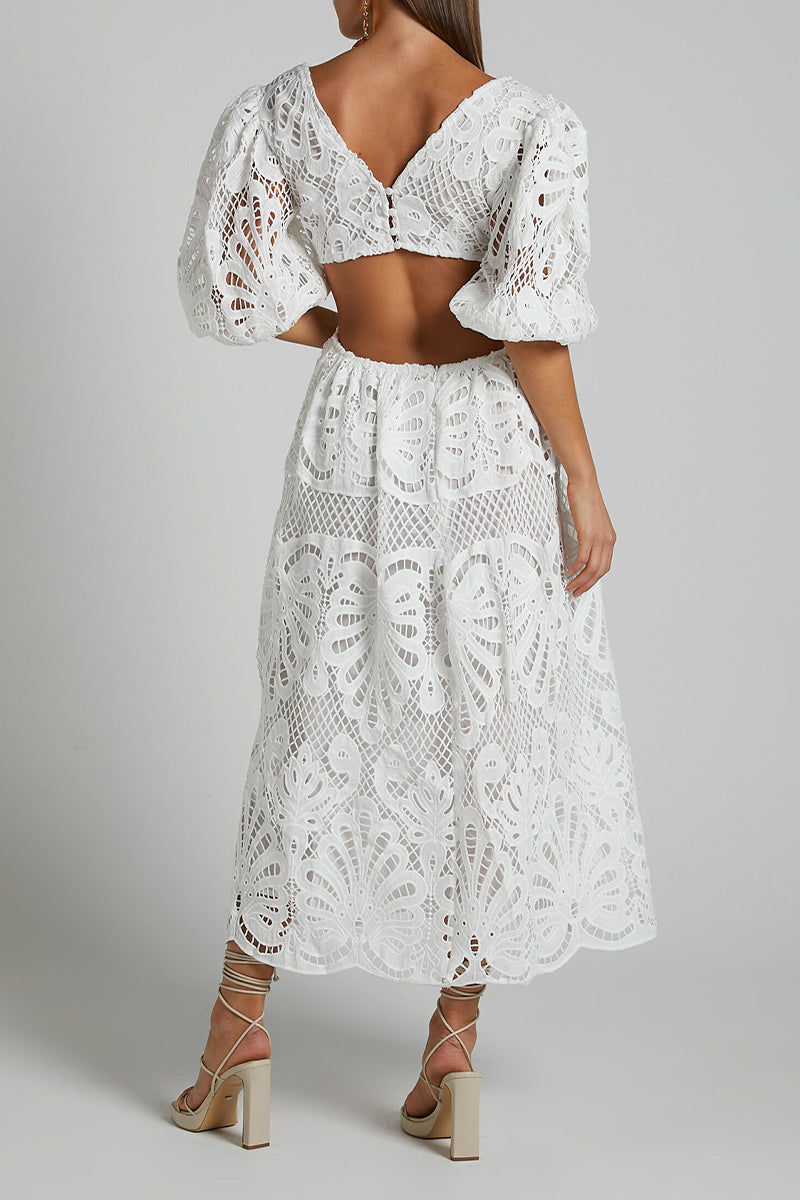 GR | Sexy Solid Color Lace Embroidered Hollow Out V-Neck A-Line Dresses - 4 Colors