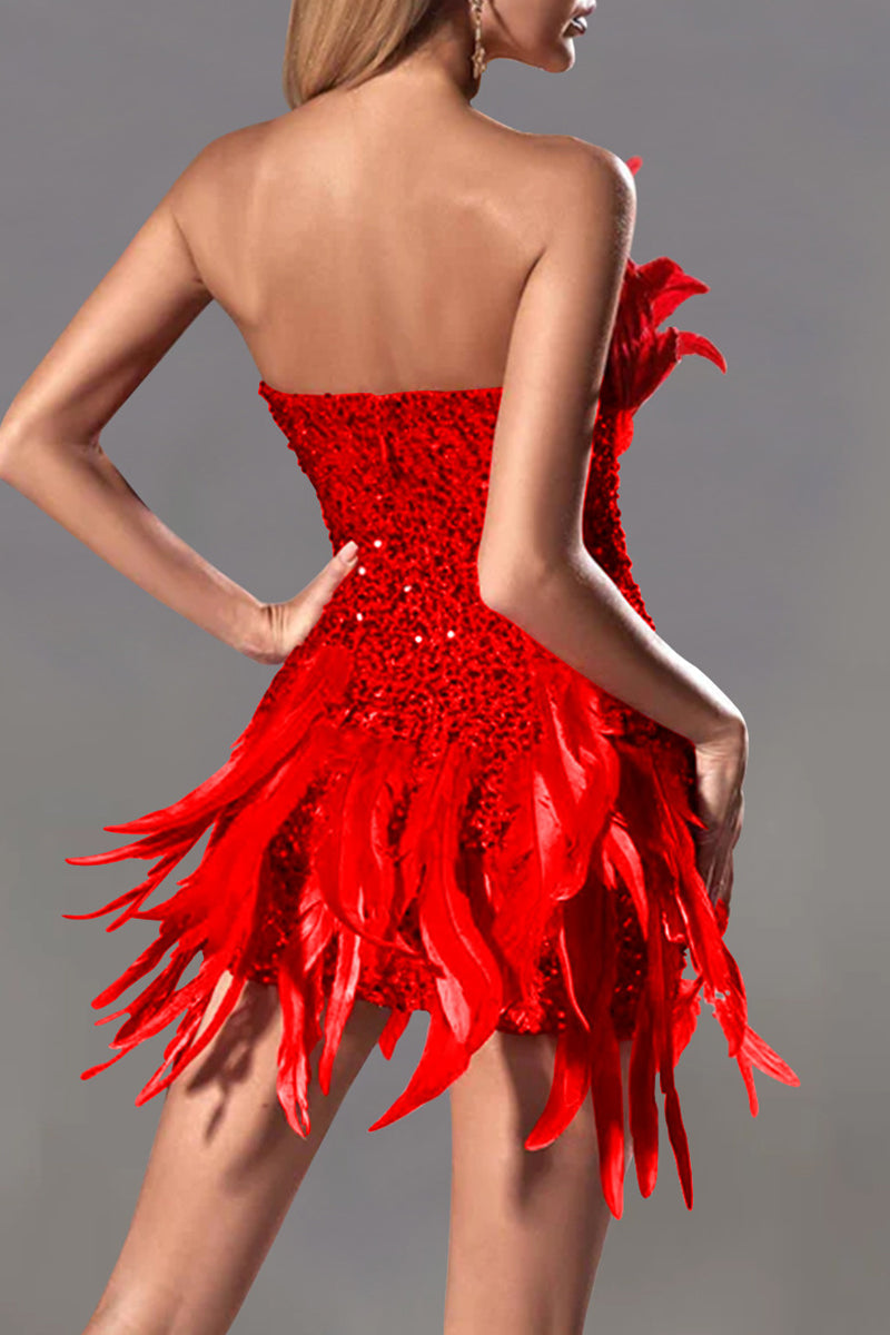 GR | Sexy Solid Sequin Patchwork Feather Zipper Strapless Wrap Skirt Dresses - 4 Colors